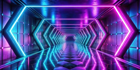 Futuristic Neon Corridor with Vibrant Purple and Blue Lighting and Reflective Floor