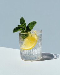 Refreshing Sparkling Water with Lemon and Mint on Minimalist Background