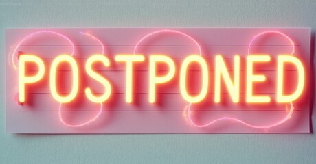 Naklejka premium Bright neon sign displays POSTPONED. Pink glow illuminates white background. Simple typography, modern aesthetic. Minimalist design.