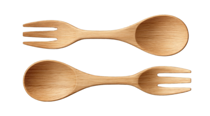 Two wooden eating utensils, a spoon and fork, displayed in tandem
