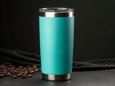 Teal insulated tumbler with black trim on dark backdrop, cut out transparent