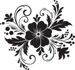 Black and White Floral Design Element Flower Swirls Leaves