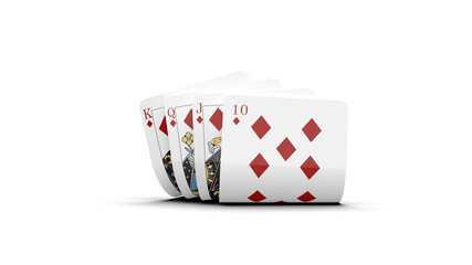 8K 3D Rendered Playing Cards Isolated on White, Diamond Cards of ten, jack, queen, king Design and Perfect for Games and Casino Graphics.