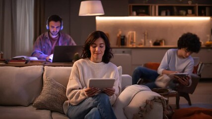 Connected Comfort: A modern family immersed in a realm of connectivity and relaxation within the warm, soft glow of their home. A testament to the harmonious blend of technology, work and leisure - Powered by Adobe
