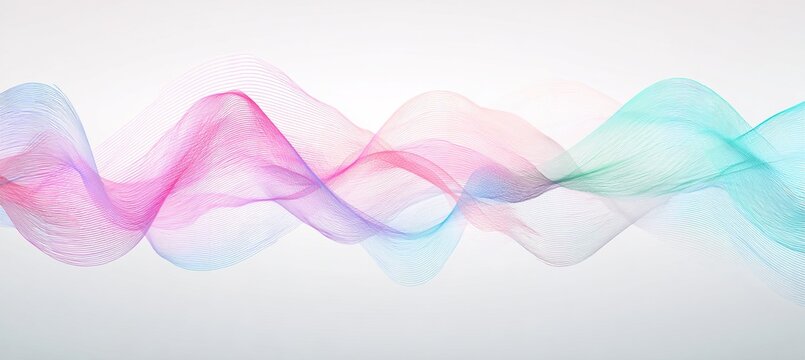 Wave lines calming rhythms colorful blue pink tosca green in white background fit for music sound waves, AI technology, digital, and more. High quality
