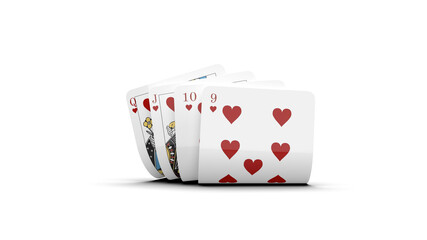 8K 3D Rendered Playing Cards Isolated on White, Hearts Cards of nine, ten, jack, queen Design and Perfect for Games and Casino Graphics.