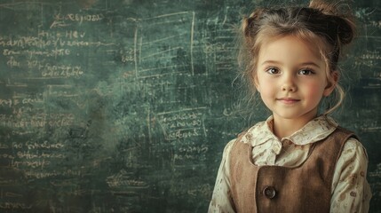A young girl standing in front of a chalkboard with mathematical equations written on it.