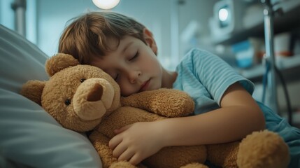 A cute child is sleeping, hugging a teddy bear, creating an atmosphere of comfort and peace.