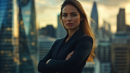 Confident businesswoman standing with arms crossed against a backdrop of a modern city skyline.