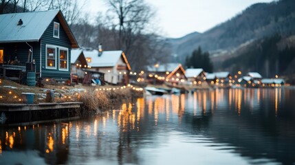 Fototapeta premium A picturesque scene of cozy cabins lining a serene lakeside, adorned with soft evening lights reflecting on the water, creating a tranquil and inviting atmosphere.