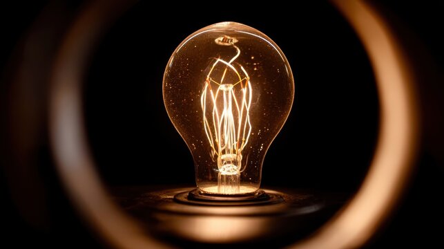 A light bulb is lit up in a dark room