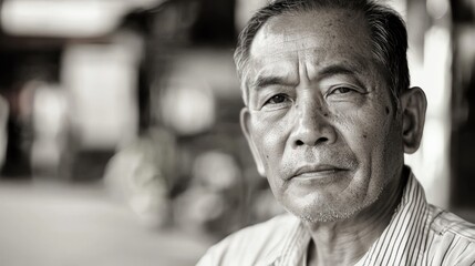 An elderly Asian man with a stern expression, wearing a striped shirt, standing outdoors in a dimly lit setting with a blurred background.