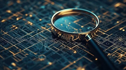 A magnifying glass resting on a futuristic circuit board with glowing lines and dots, casting a golden glow over the scene.