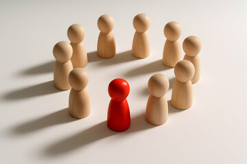 Obraz premium Leadership and Teamwork A Visual Metaphor of a Red Leader Figurine Surrounded by a Team