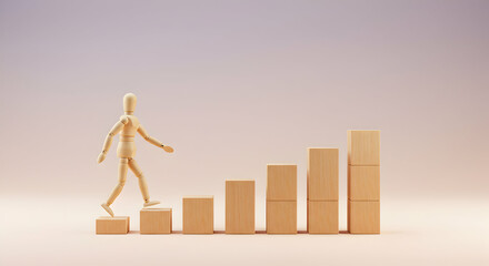 Wooden Figure Ascending a Staircase of Blocks Growth, Progress, and Success Concept