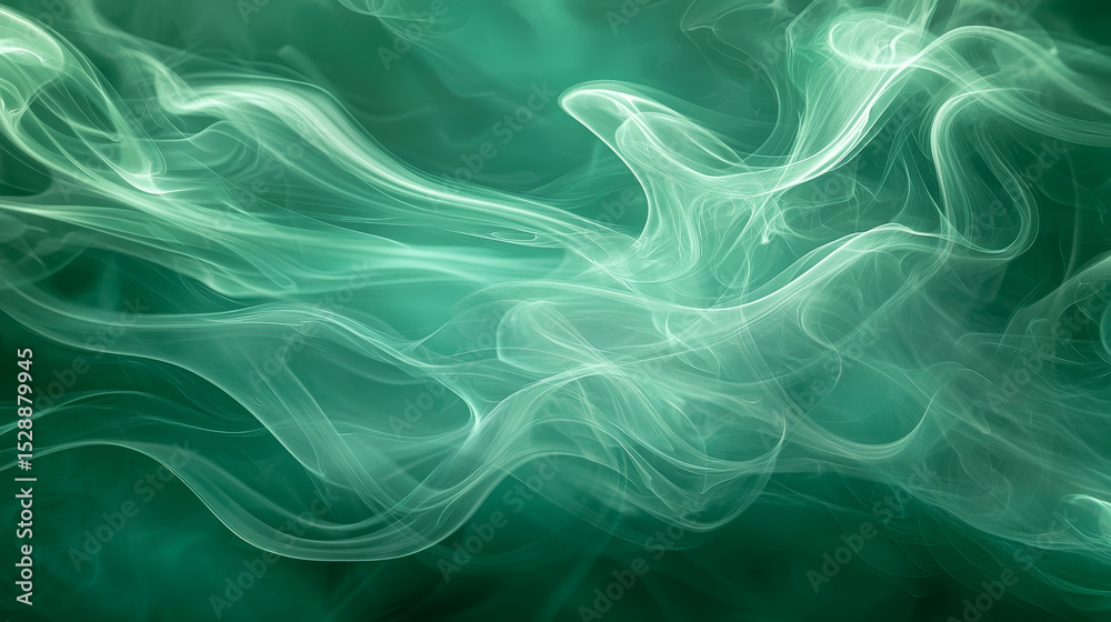 Poster swirling, vibrant green smoke pattern flows across solid background, creating dynamic and ethereal v