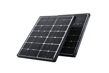 Two dark gray solar panels, angled, showing individual solar cells
