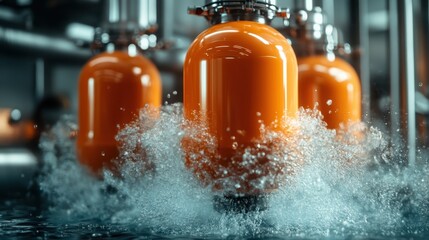 An orange pressure cylinder is submerged and creating splashes in water, conveying themes of technology and industrialization while showcasing dynamic movement and vibrant color.