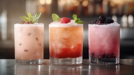Three colorful cocktails decorated with fresh mint and berries sit on a bar top, inviting viewers to indulge in refreshing beverages ideal for summer gatherings or celebrations.