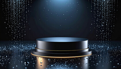 Exhibition stage concept with a black circular pedestal for displaying products with water drop on a black background. Concept of a copy space for product promotional exhibitions.