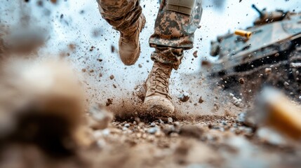An action-packed shot captures a soldier sprinting through dusty terrain, evoking a sense of urgency and determination in a challenging military environment.