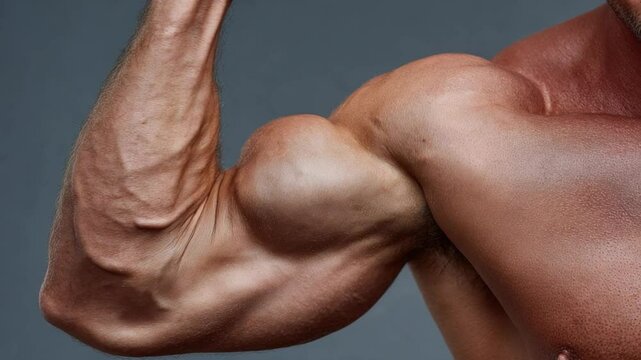 Muscular Arm Flexing: A close-up view of a muscular arm flexing, showcasing defined biceps and veins, signifying strength and fitness.