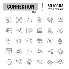 Connection icon set. Containing network, join, collaboration, connectivity, interaction, cable, integration and connection icon. Vector illustration
