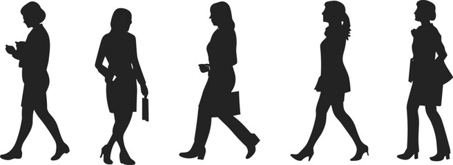 Silhouette of professional business women walking and standing, wearing office attire, high heels, carrying bags, side view  flat vector illustration