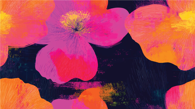 Impressionist pink orange black blue painted abstract vector flowers opaque and translucent overlapping neon colors hypnagogic maximalism flat shading simplified painting background pattern backdrop 