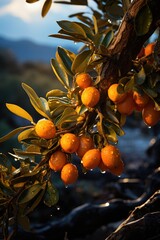 A branch laden with ripe citrus fruits glistens with raindrops, showcasing their vivid orange hue against the lush green foliage, exemplifying nature's bounty and beauty after rainfall.