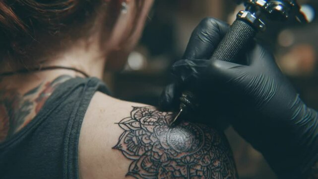 Body Art in Progress: An intimate close-up captures the intricate artistry of a tattoo artist skillfully etching a mandala design onto a shoulder, a personal statement of body art.