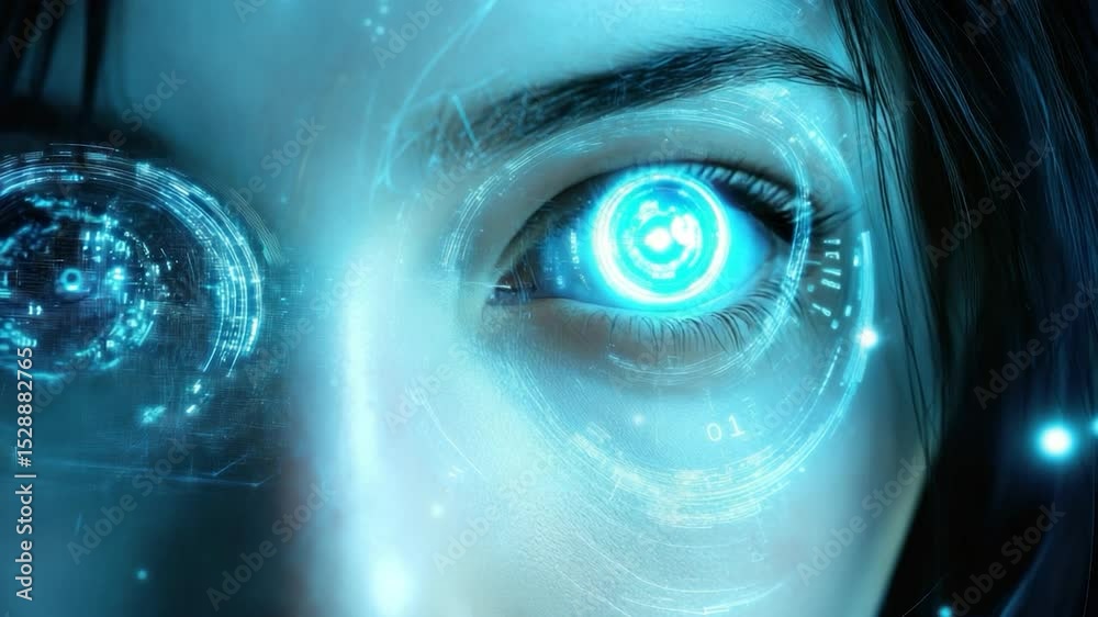 Poster close-up of an eye with glowing digital interface.