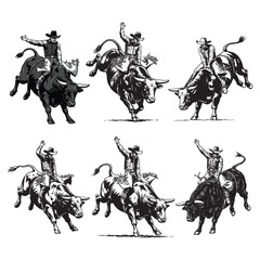 Set of Rodeo Bull Riding Illustrations