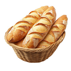 Freshly baked French baguettes in a woven basket against a clean white background, French baguettes in a basket on white background