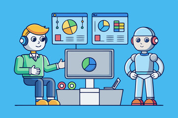 Human and robot collaborating on data analysis