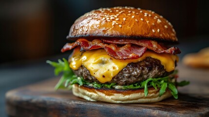 A delicious cooked burger with cheese bacon and lettuce on a bun