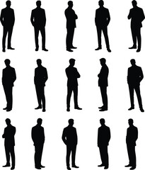 Businessman silhouette collection, professional male poses, standing office man shapes, corporate profile icons, business posture template, isolated black silhouettes