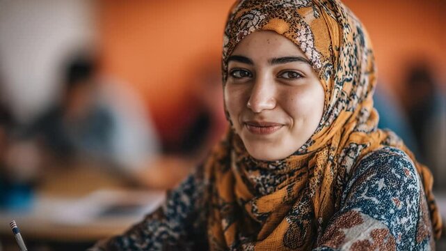 Closeup of a volunteer teaching an English class to refugees, helping them adjust to their new home and showing them kindness and acceptance.