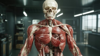 An intricate human skeleton model displaying detailed muscular and skeletal structure, serving as an educational tool in understanding human anatomy and biology.