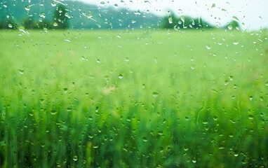 Abstraktes Motiv mit Regentropfenmuster vor grünem Weizenfeld, Bäumen, Wald und Himmel bei Regen...