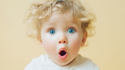 The adorable baby with curly hair expressing amazement and surprise.