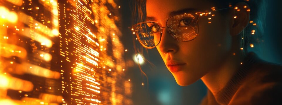 Woman Programmer Coding Digital Technology Future Innovation Network Data AI Lights Glasses Orange