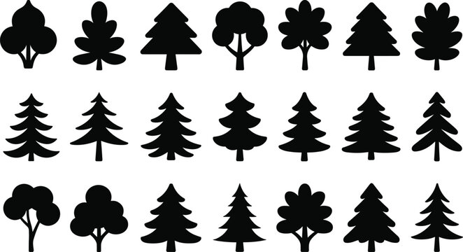 Tree silhouette icon collection, forest and pine tree vector set, nature foliage design bundle, simple black isolated tree shapes