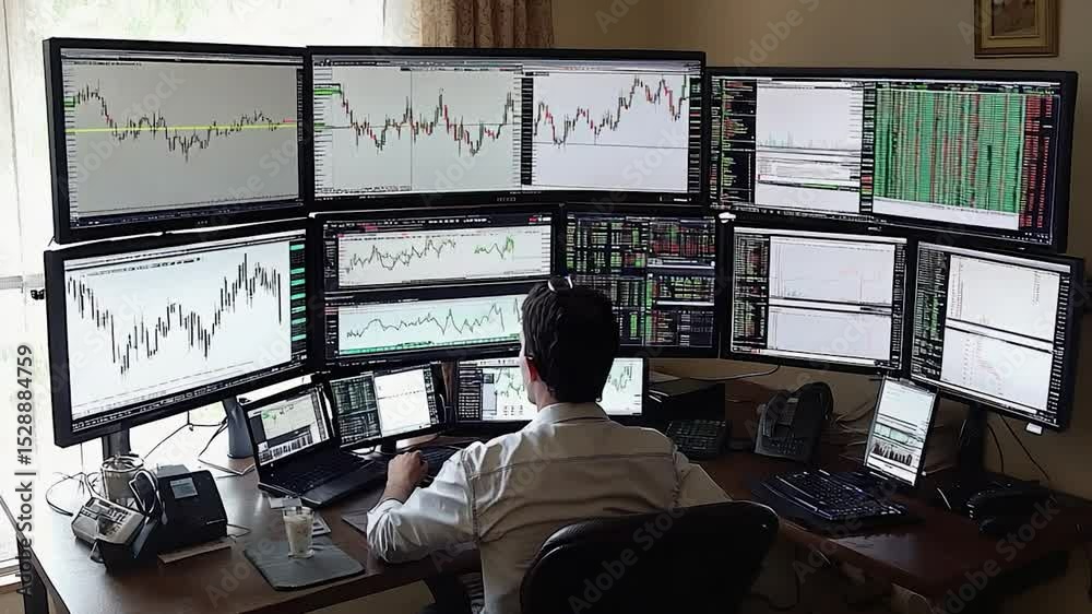 Poster multiple monitor workstation for trading.