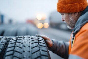 Inspecting tire tread, an experienced worker ensures safety and