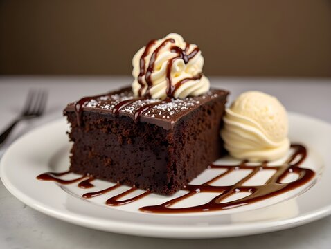A chocolate cake with ice cream and chocolate sauce