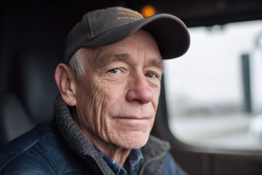 Focused truck driver exudes confidence, ready for long journey a