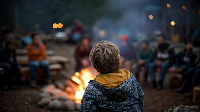 A young boy eagerly raises his hand, eager to ask a question about the parable being discussed around the campfire.
