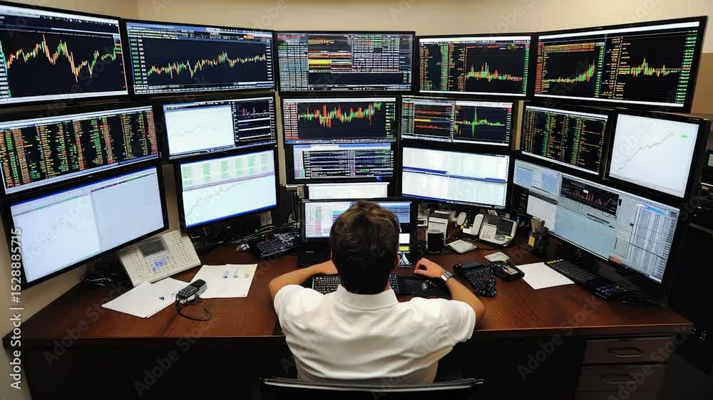 Poster Multiple monitor workstation with charts and graphs.