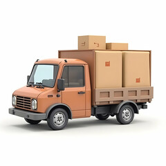 Delivery Truck Transporting Cardboard Boxes on White Background